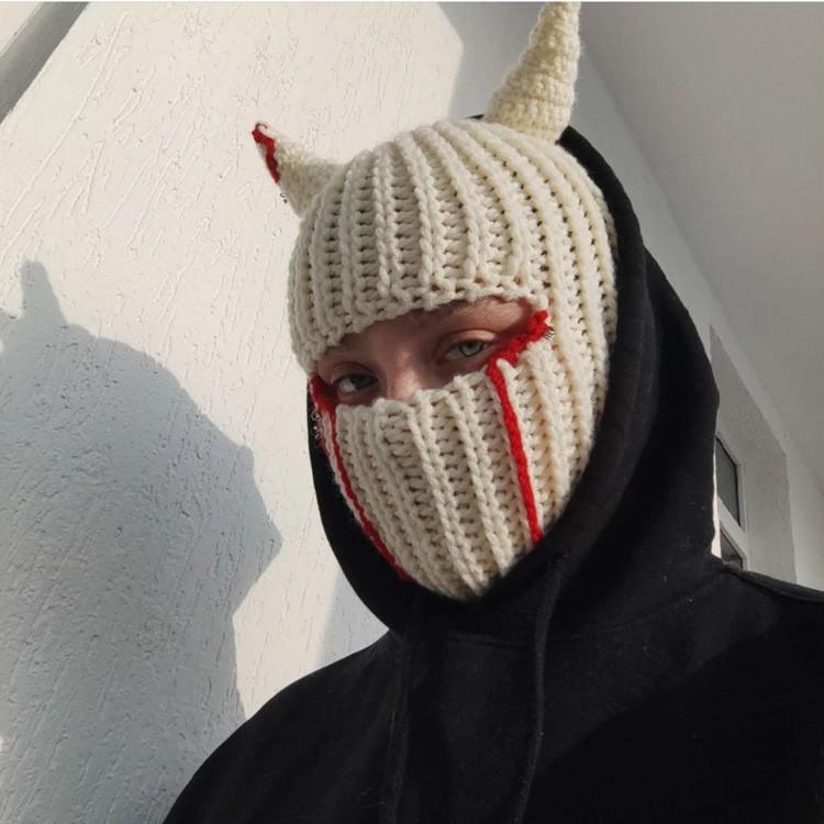 Y2K Style Crochet Halloween Party Cow Horn Parent-Child Ski Mask Hat