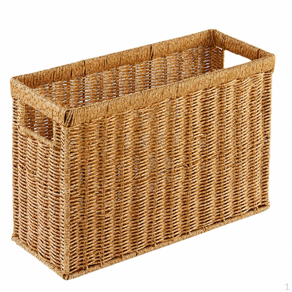 Woven Storage Baskets, Rectangular Wicker Basket with CutOut Handles, Tan Synthetic Rattan for
