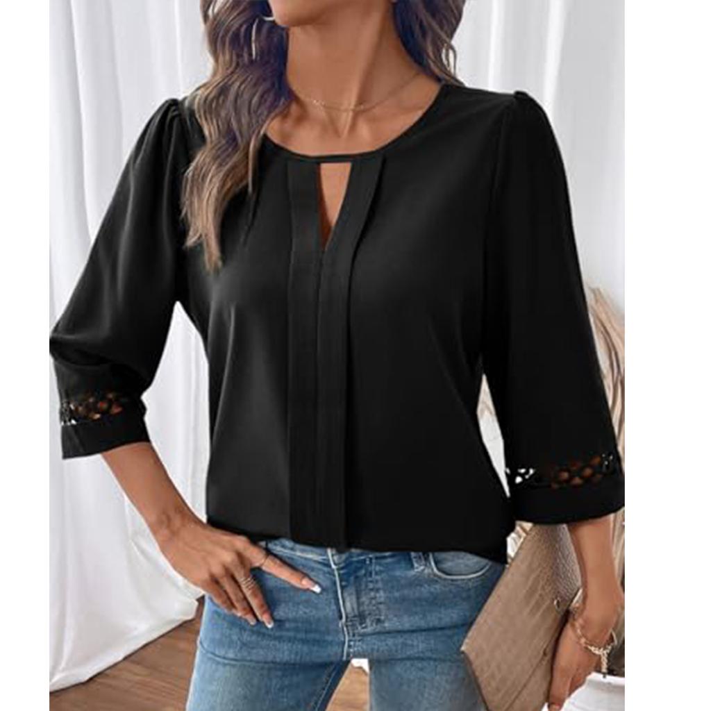 Women's Fashionable Casual Elegant Hollow Out Sleeve Lace Solid Color Seven Quarter Sleeve Top