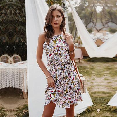 Sommer Slim Halter Print Kleid Frauen Casual ärmellose Rüschen über dem Knie Mini Blumen Rot Weiß Marineblau S-XL