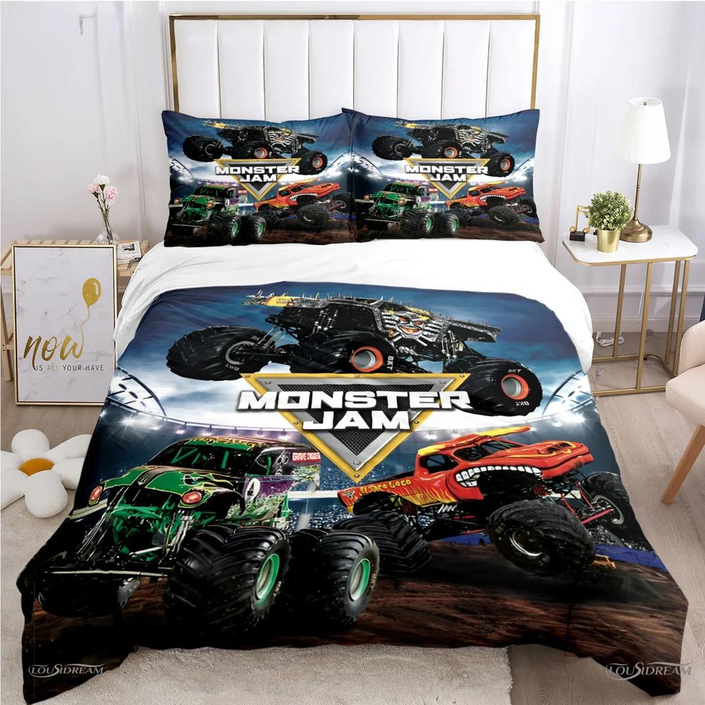 Copripiumino Monster Truck Catroon Monster Jam Set Biancheria da Letto Copripiumino Morbido e Federe per Adolescenti Singolo/Matrimoniale/Queen/King