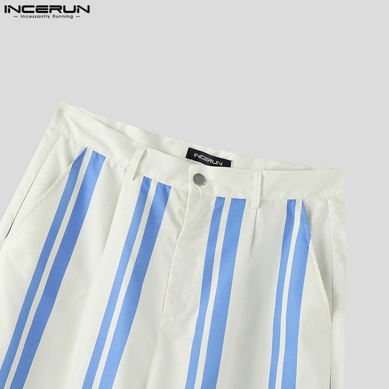 INCERUN Men Zipper Waist Striped Print Casual Loose Long Wide Legs Pants Trousers
