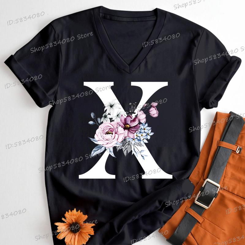 Letter B Floral T Shirts Women English Alphabet Birthday Gift Women 26 Initials Flower Classic Tops Tees Alphabet Floral Tshirt