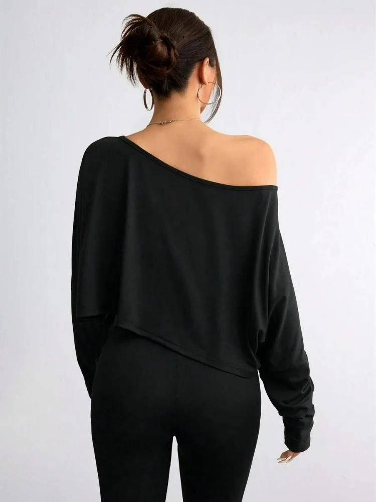 2026 Women'S Black Long Sleeve Blouse T-shirt Casual Asymmetrical Neck Strapless Top for Sporty