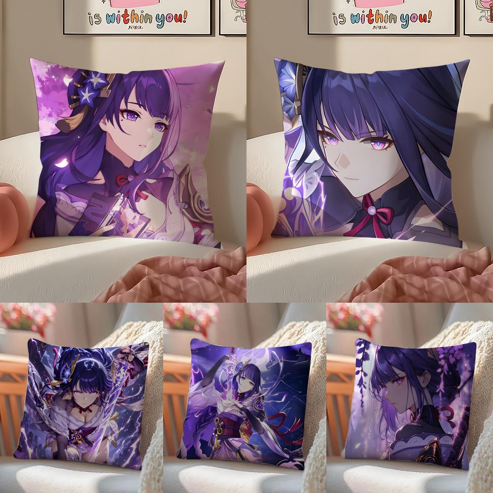 PProject Genshin Impact RRaiden Shogun Icon Cushion Cover Pillowcase Short Plush Invisible zipper Room Sofa Cushion Cover