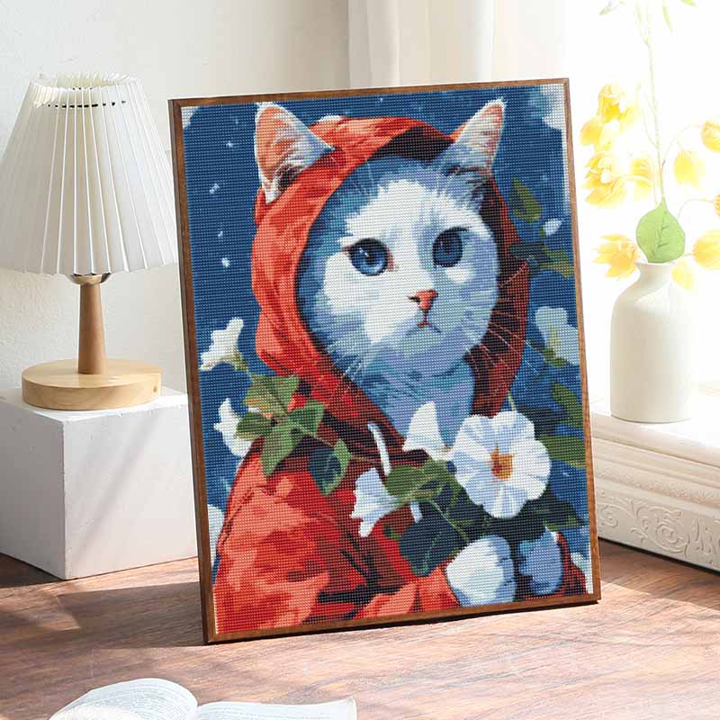 DIY Full Drill Diamond Painting Kit Cute Cat In Red Hood Floral Rhinestone Art Canvas for Cozy Home Decor Gift and Wall Art Supplies