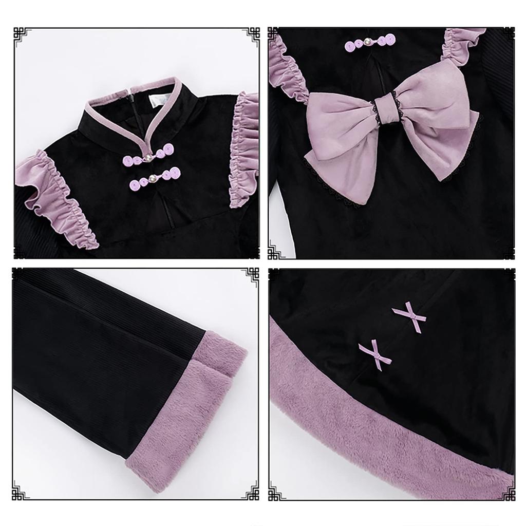 Milky Time Women's Medium Lolita Dress, Long Sleeves, Black and Purple Velvet, Winter Cosplay Costume