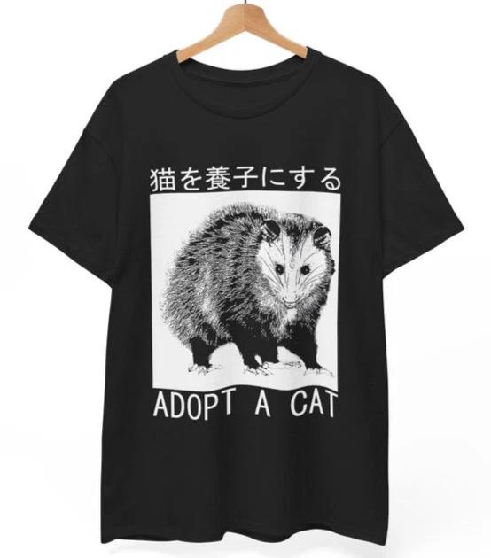 Adopt a Cat Opossum T-Shirt | Funny Japanese Art Meme Tee | Trash Panda Gift S