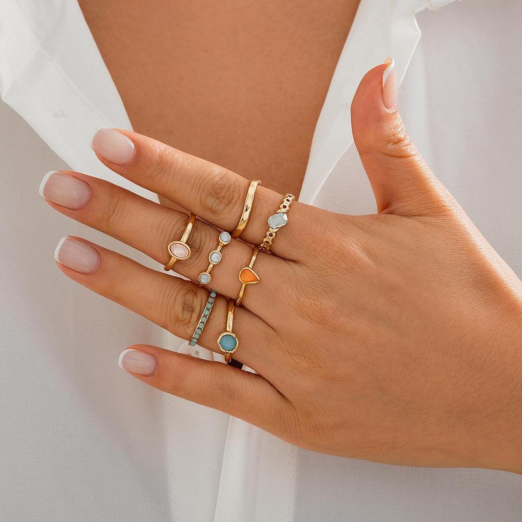 European & American Cold Style Gemstone Inlaid Irregular Metal Ring Set