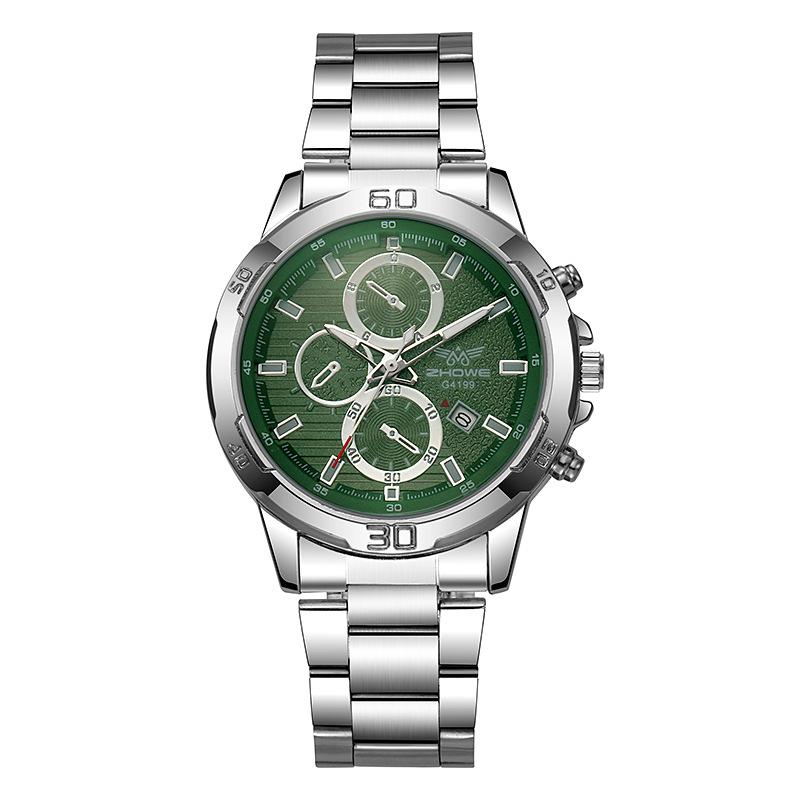 Fashion Casual Business Alloy Steel Belt Silver Scale Decorative Three-Eye Calendar Men'S Quartz Watch