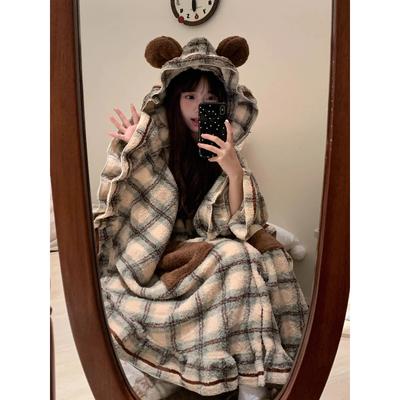 Zimowe szlafroki kimono z długim rękawem, kapturem, grube i ciepłe dla kobiet, seksowne, z uroczym misiem, szlafroki kąpielowe, bielizna nocna, koszula nocna