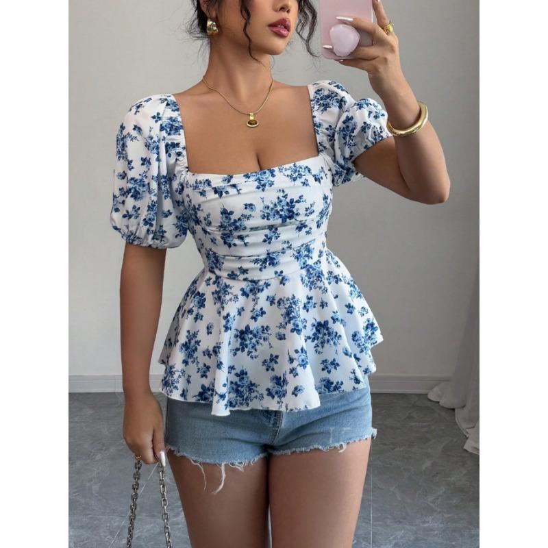 Summer New Women's Fresh and Sweet T-shirt Square Neck Puff Sleeve Floral Top