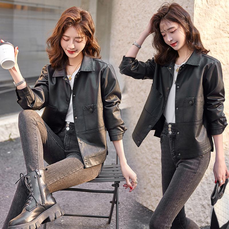 

Женская куртка из черной кожи, весна и осень, новая, ретро, популярный дизайн, маленькая кожаная короткая куртка 3XL чёрный