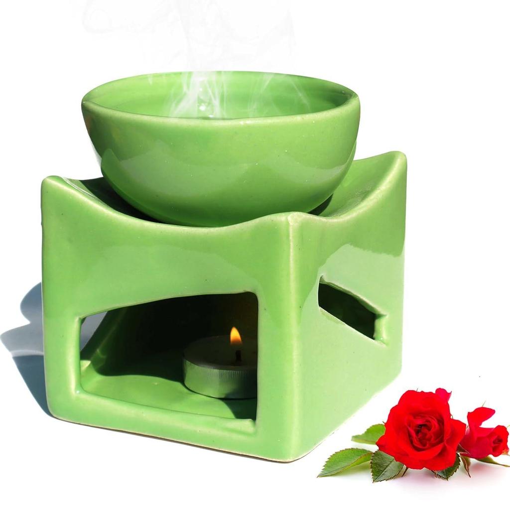 Ceramic Clay Candle Operated Aroma Burner Oil Diffuser, Extra Large Bowl, with 1 Tealight, 4.25 Inch, (Green)