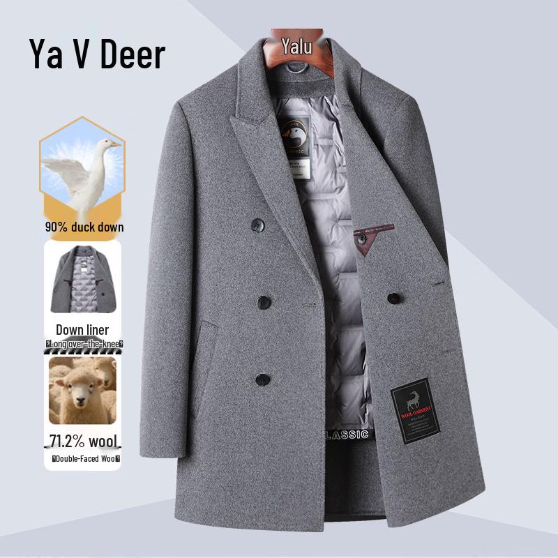 Yalu Men's Wool Blend Double-Breasted Mid-Length Coat with Detachable Down Liner