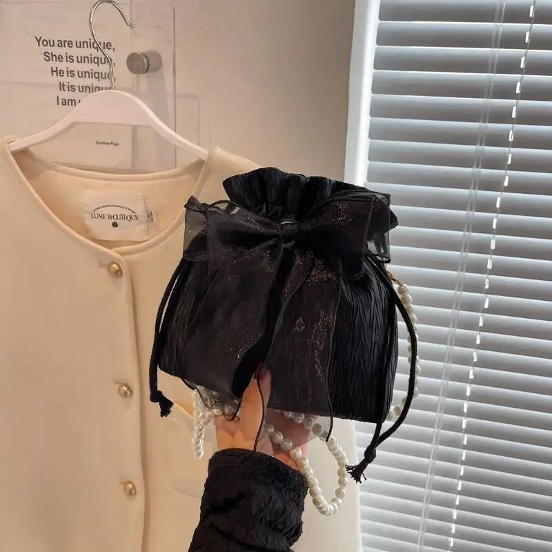 Lace Bow Bucket Crossbody Bags for Women Fashion Sweet Pearl Beading Pouch Ladies Shoulder Handbags All-match Fairy Simple