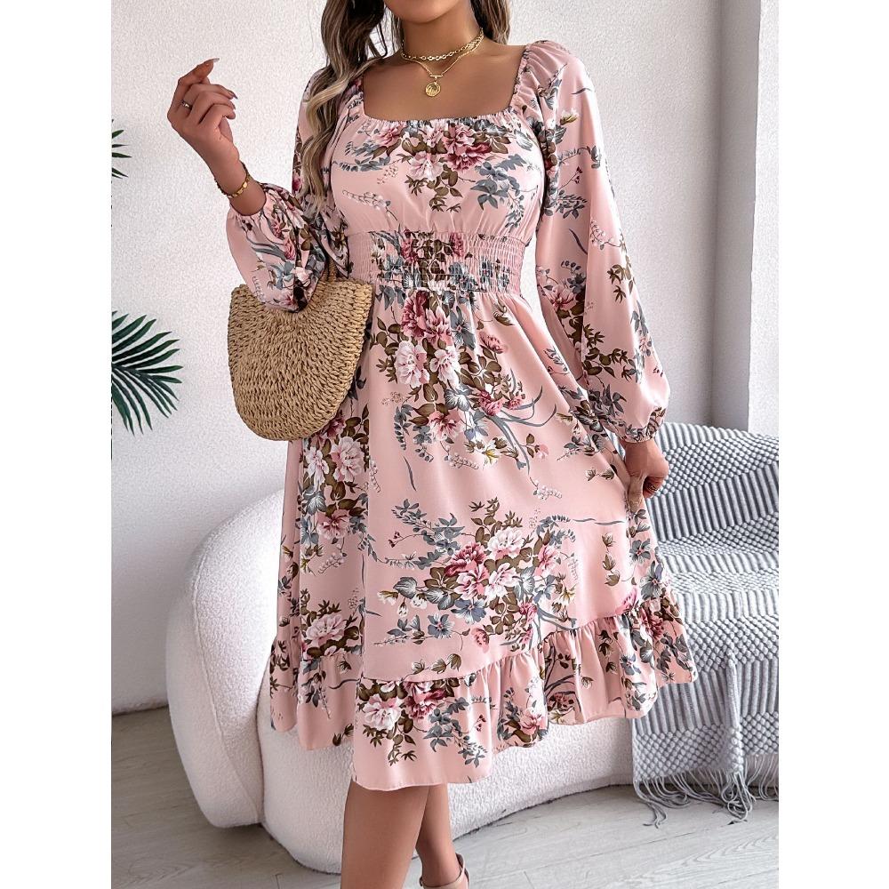 Damen Frühling/Sommer Elegant Floral Quadratischer Ausschnitt Langarm Tailliert Rüschen A-Linien-Kleid