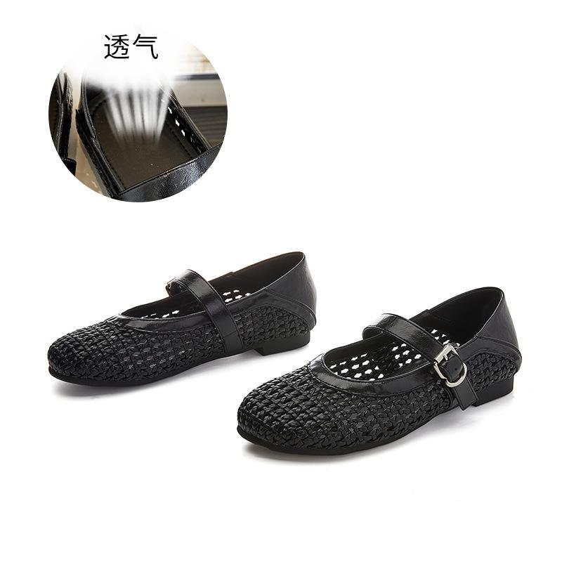 Woven hollow Mary Jane shoes women's breathable one-word strap single shoes women's 2025 new summer fashion commuter flats