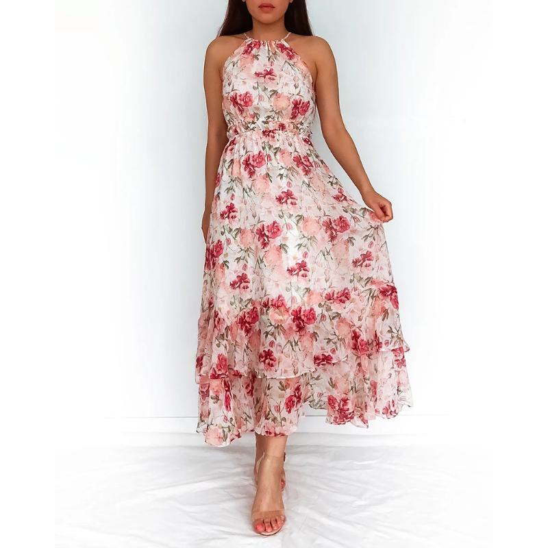 

Женское модное летнее длинное платье без рукавов с бретельками и принтом, повседневные платья