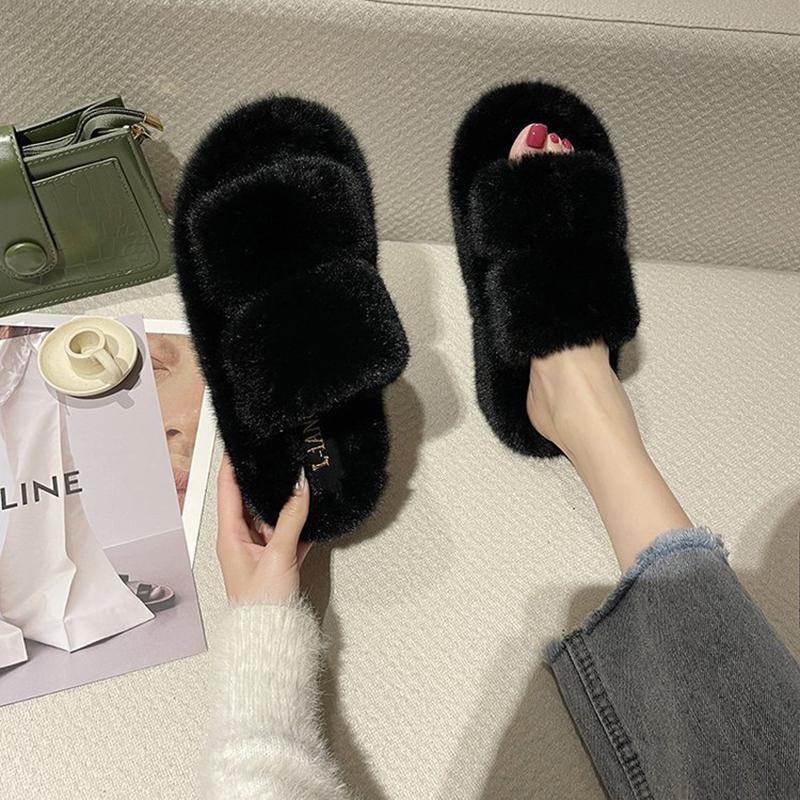 Mode Koreanische Doppelband Pelzpantoletten Damen warm flauschige Plateauschuhe dicksohlige Winterfleece Hausschuhe Damen Shearling Pantufa