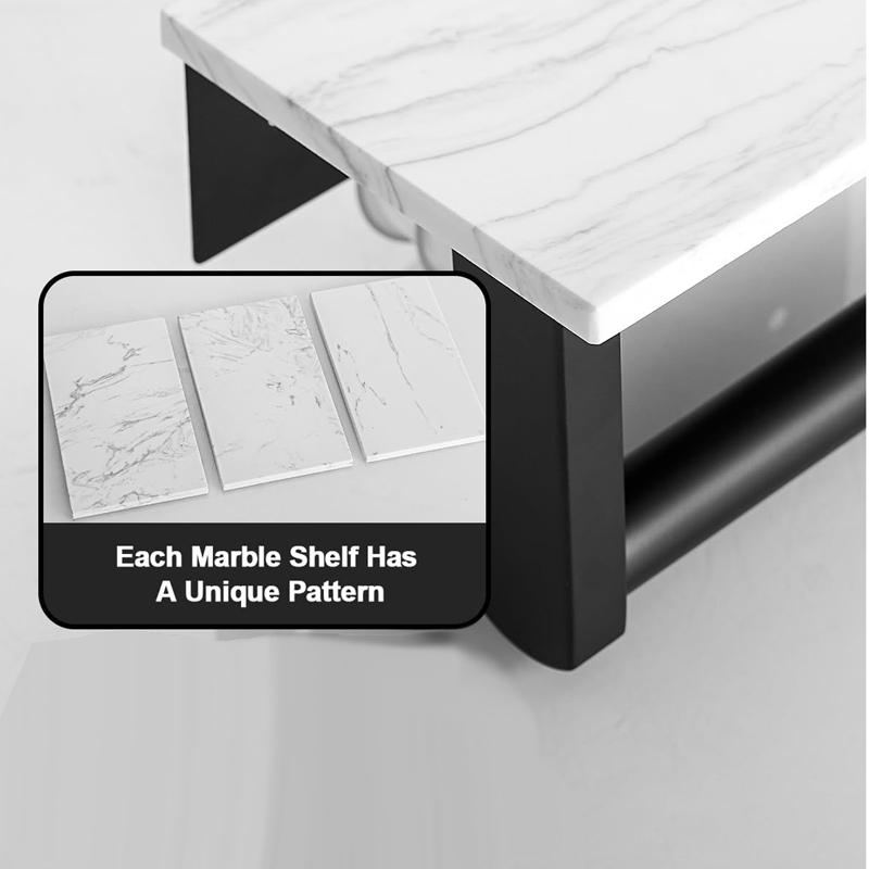 Modern Marble Toilet Paper Holder with Shelf, Wall Mounted Bathroom Organizer for TP Roll & Storage, Vanity Cabinet Decor