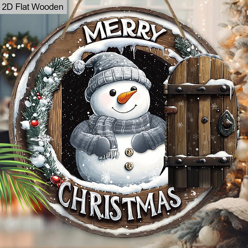 Warm Winter Christmas Wooden Sign with Snowman Pattern - Navidad Round Sign for Front Door, Wall Hanging Decor - Ideal Christmas Ornament