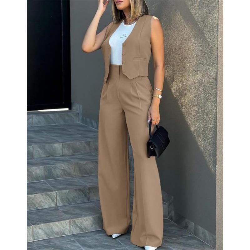 Women 2 Piece Suit Sleeveless Button Vest High Waist Wide Leg Pants Office Casual Outfit