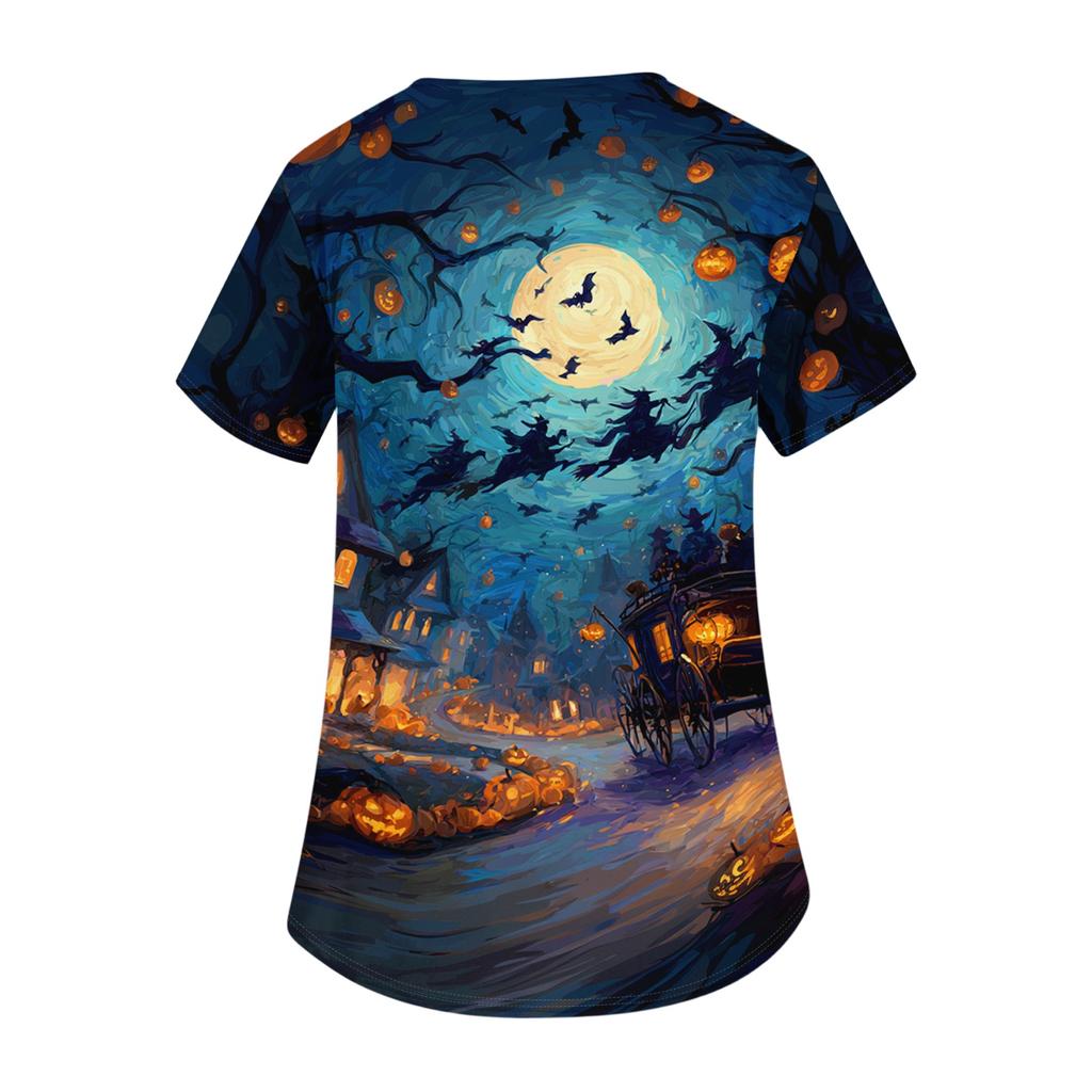 Women's V-Neck Short Sleeve Scrub Top with Pockets - Halloween Print Caregiver Work Shirt for , , and Uniform