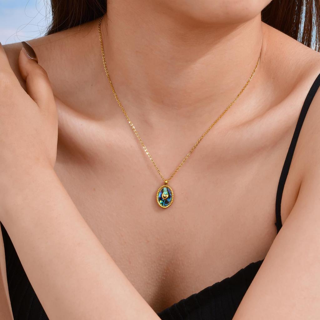 Stainless Steel Oval Abalone Shell Heart Shape 18K Gold Pendant Necklace Ladies, Jewelry 2336