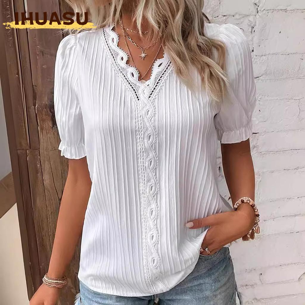 IHUASU Moda Donna Casual Tinta Unita Stampa Manica Corta Scollo a V Camicette e Camicie Design Unico