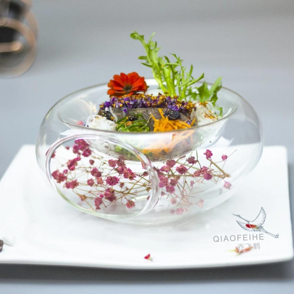 Transparent High-temperature Glass Bowl with Side Opening Dry Ice Bowl Creative Cuisine Tableware Special Restaurant Salad Bowl