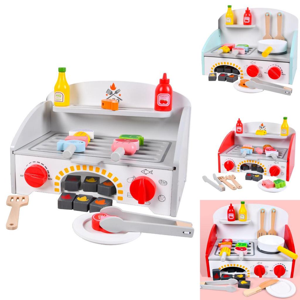 Wooden Simulation Kitchen Stove Kitchenware And Barbecue Grill Model Kid Toy For Parentchild Interaction