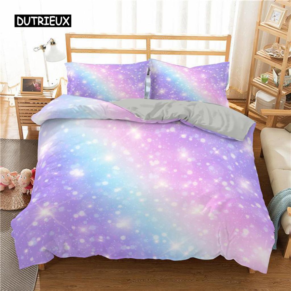 Regenbogen Bettbezug Set für Mädchen Regenbogen Stern Bettwäsche Set Mädchenhaft Glitzernd Doppel Queen King Size Weich und Bequem Bettdeckenbezug