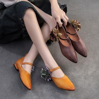 Ethnic Style Flower Pointed Toe Women's Shoes Genuine Leather Soft Sole Versatile Flat Shoes