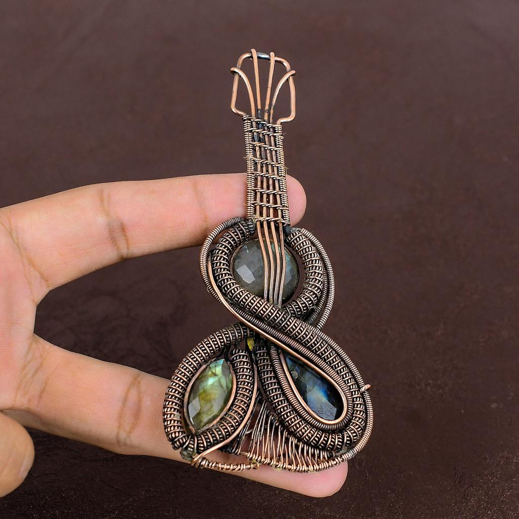 Labradorite Handmade Copper Wire Wrapped Guitar Pendant 4.3" I5I03
