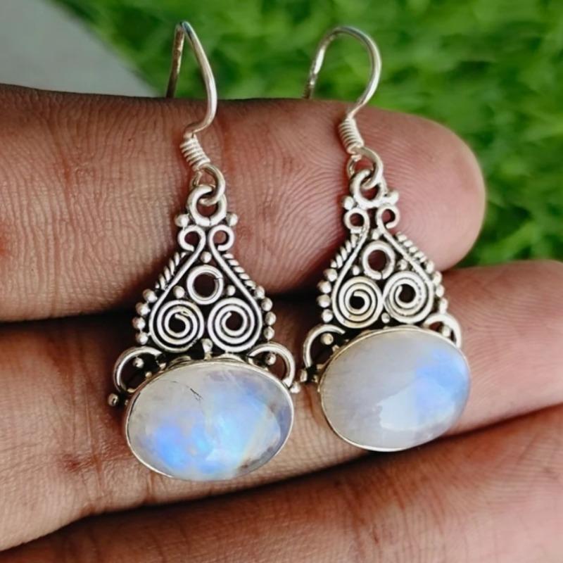 Rainbow Moonstone Silvery Color Handmade Earring Rainbow Moonstone Oval Shape Earrings Boho Earrings Gift for Her