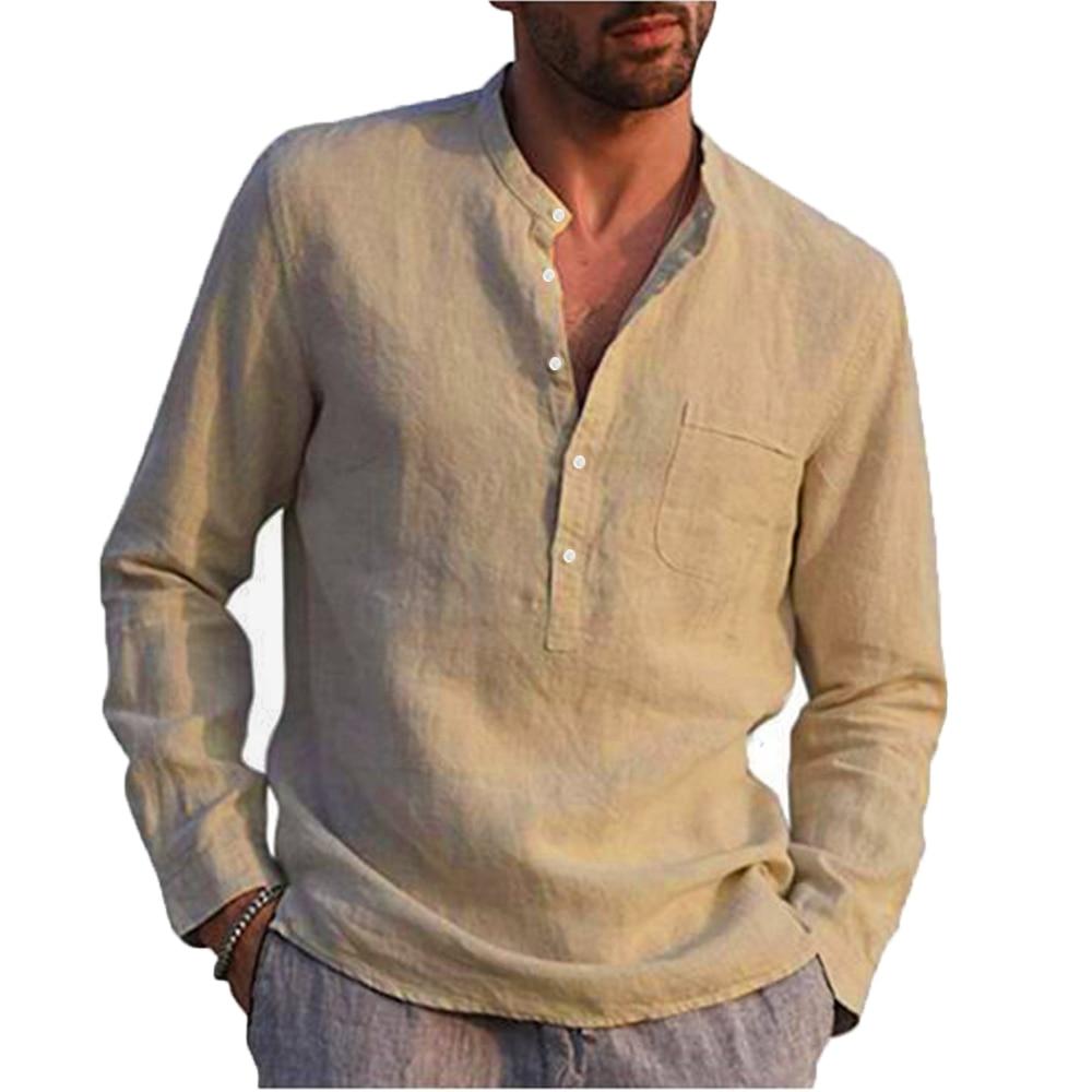 Cotton Linen Men's Long-Sleeved Shirts Summer Solid Color  Stand-Up Collar Casual Beach Style Plus Size
