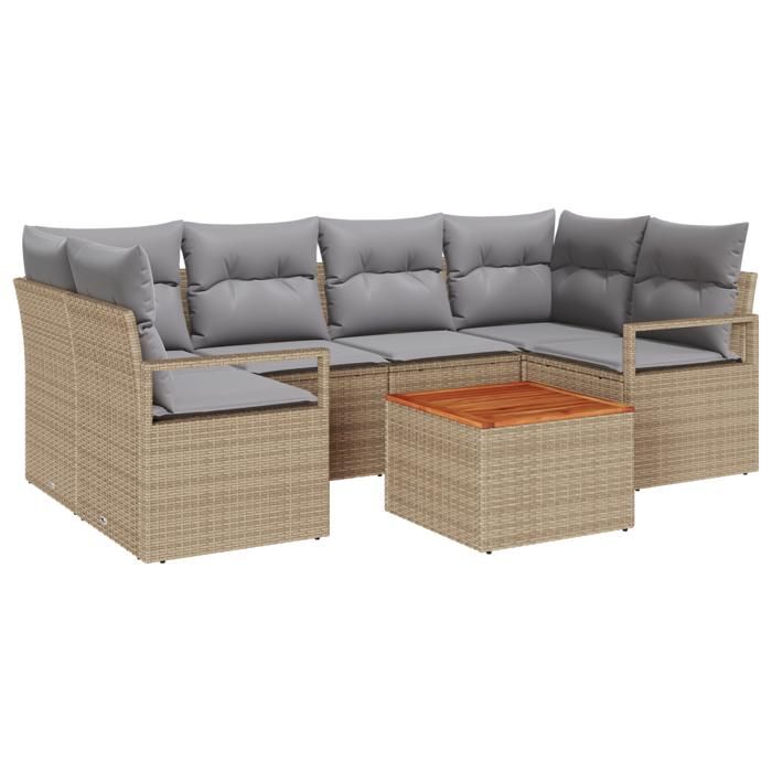 Ensemble de canapé de jardin de 7 pièces avec coussins beige poly rotin acacia, Canapé de jardin 2 places avec rangement et 3356327