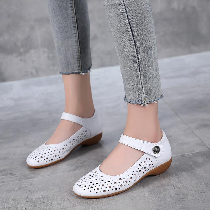 Fashion GKTINOO Genuine Leather Ladies Flat Summer Shoes Woman Slip On Casual Loafers Hollow Out Round Toe Soft Comfort Sandals Female