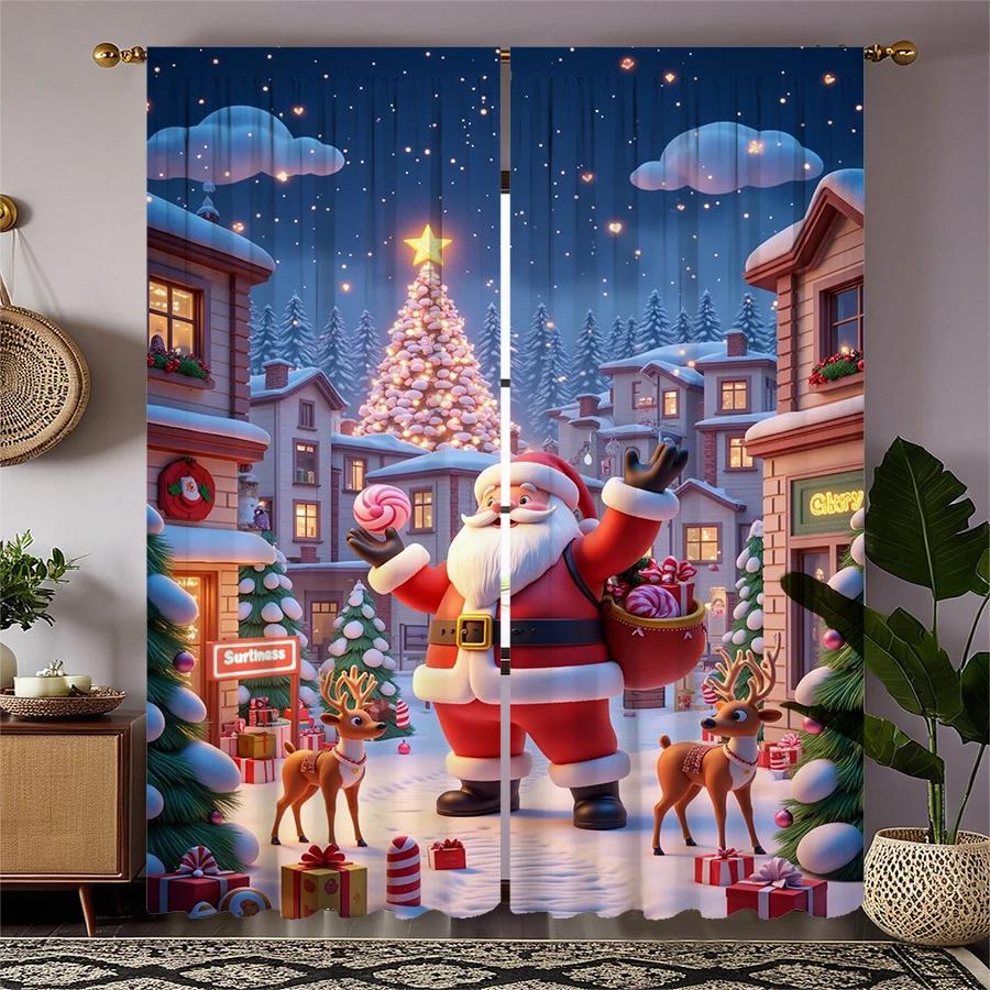 Set Of 2 Christmas Santa Claus Tree Pattern Printed Curtains Decorations Home Room Made Polyester