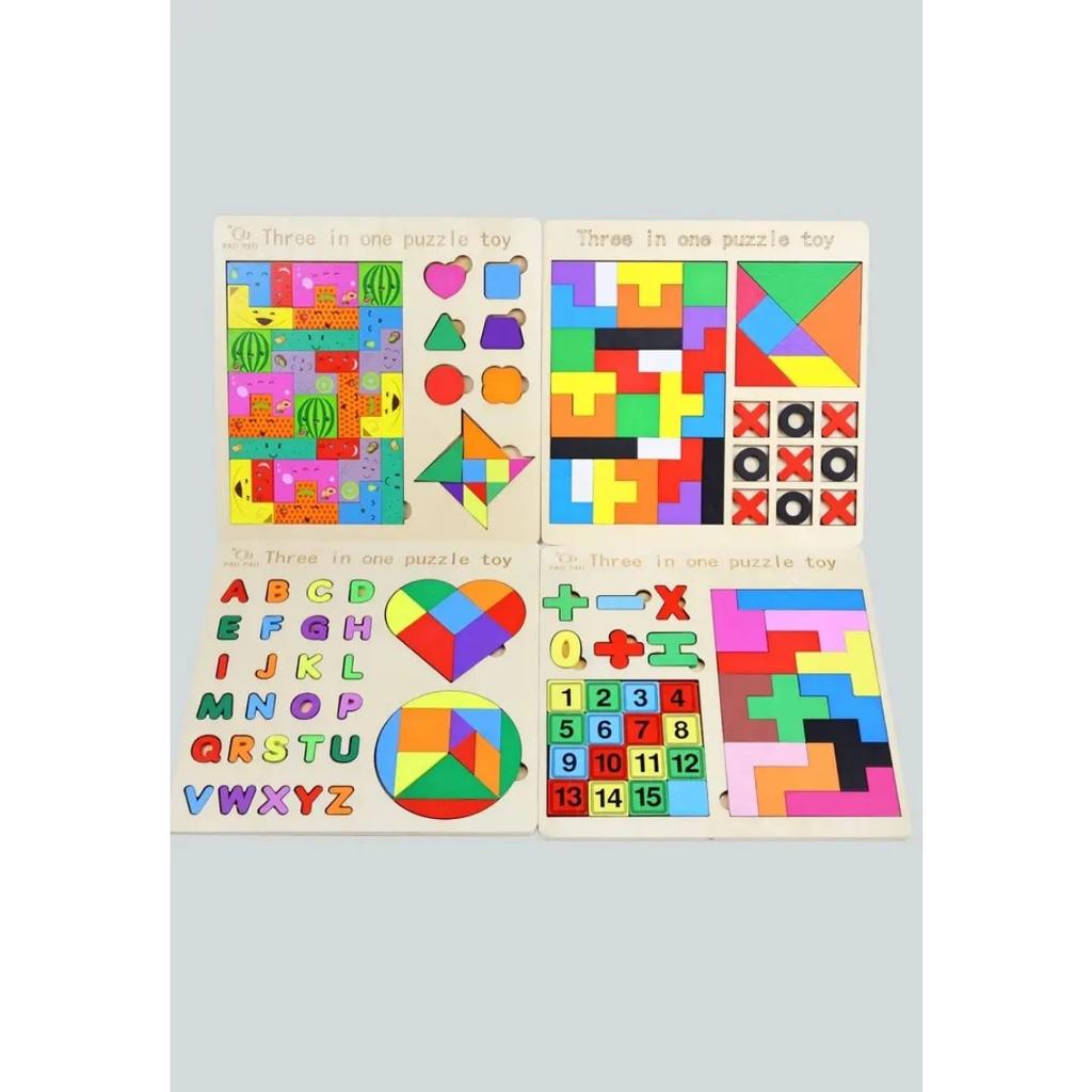 3 In 1 Wooden Puzzle Toy Color Shape Cognition Brain Games for Children Wood Jigsaw Puzzles Toys Tangrams for Children Kids