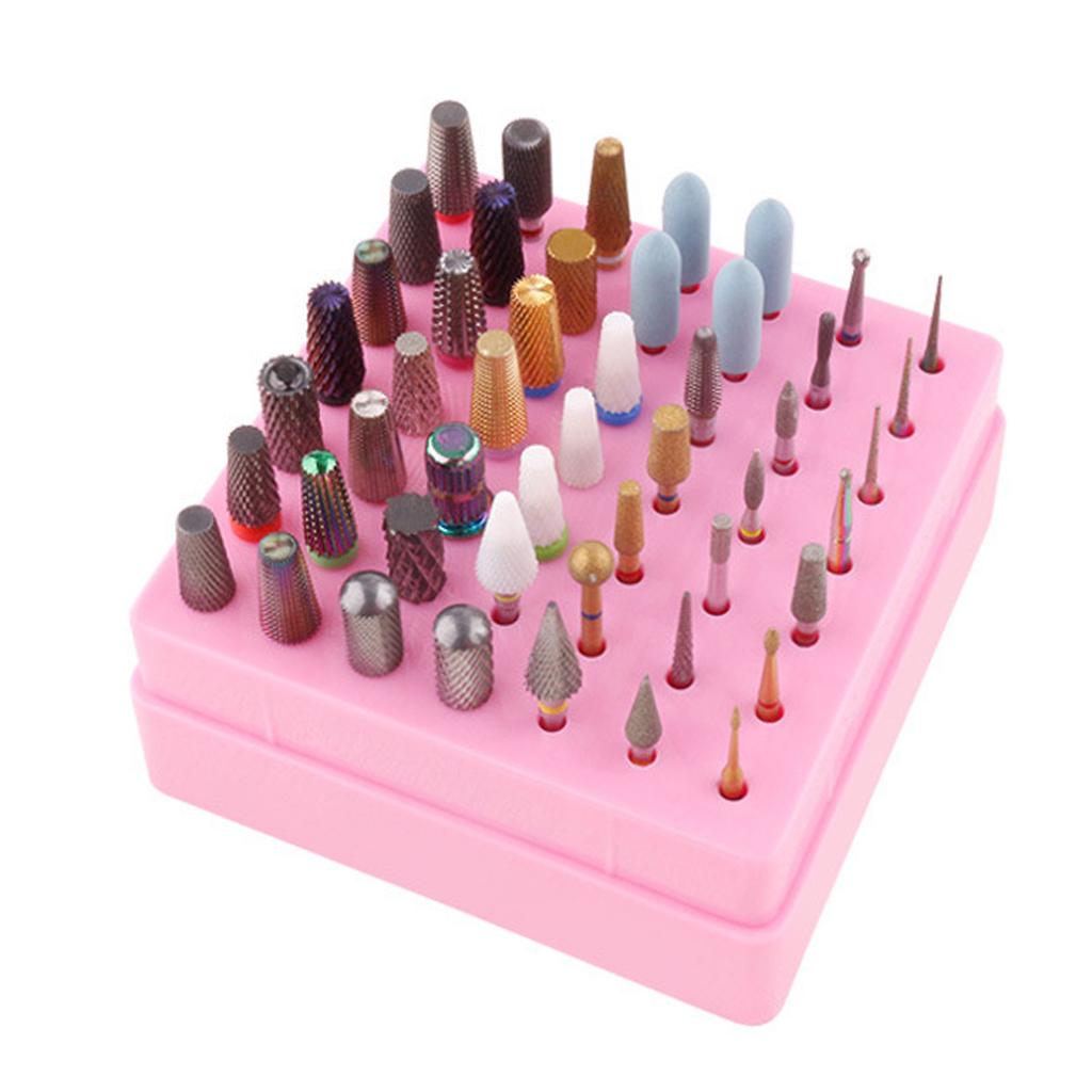 49 Holes Nail Drill Bit Holder Display Case with Transparent Cover Nail Drill Bits Storage Box Pink