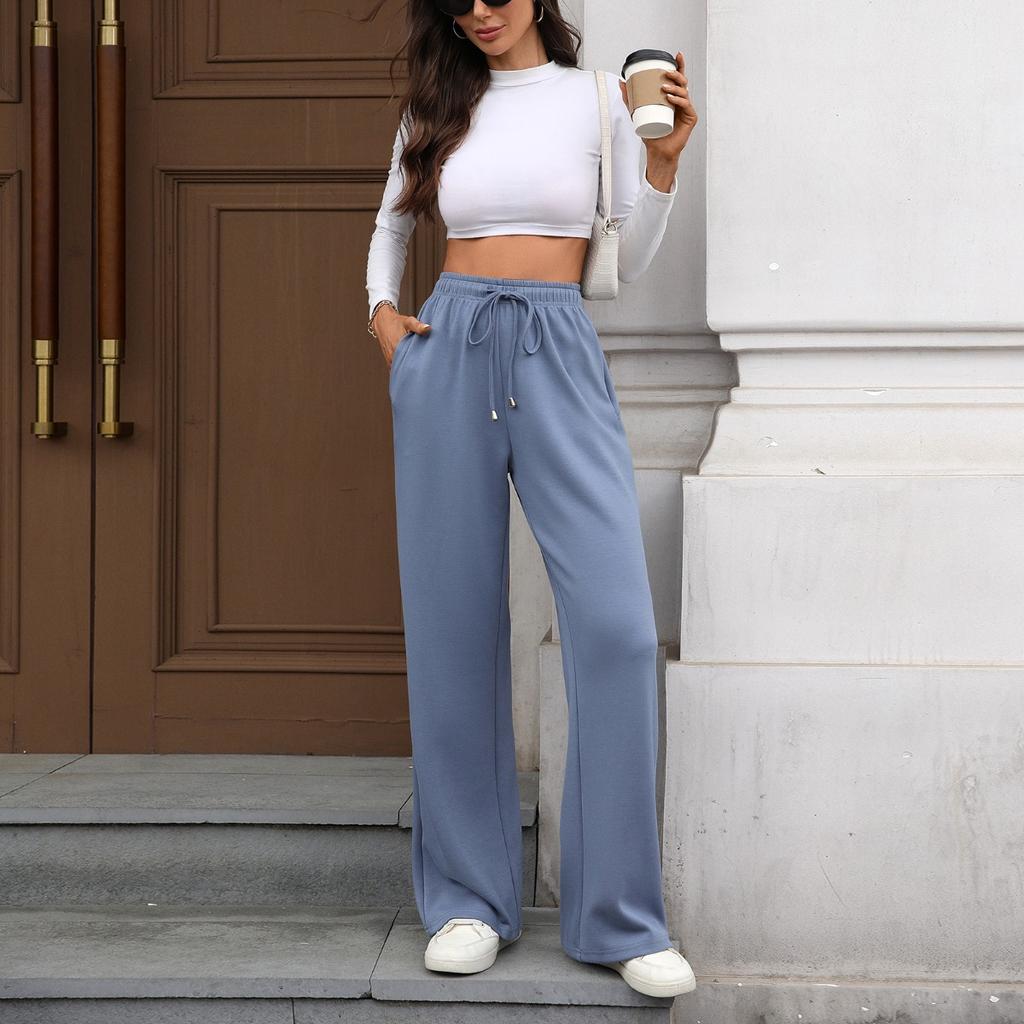 Fall Winter New Women's Solid Color High Waist Loose Straight Long Trousers With Pockets Elastic Waist Casual Pants For Crossborder Trade