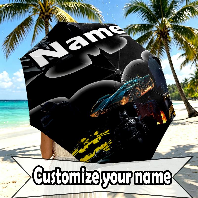 Custom Name Personalized Batman Print Umbrella, Auto Open Close, 8‑Rib Sturdy Frame, Commute Camping Hiking Use, Birthday Gift
