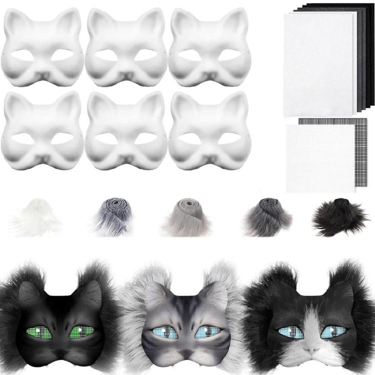 Cats  Foxes Mask with Furs Eye Mesh Felts Sheet Therians Dress Up Mask to Paint for Halloween Masquerade Cosplay Party