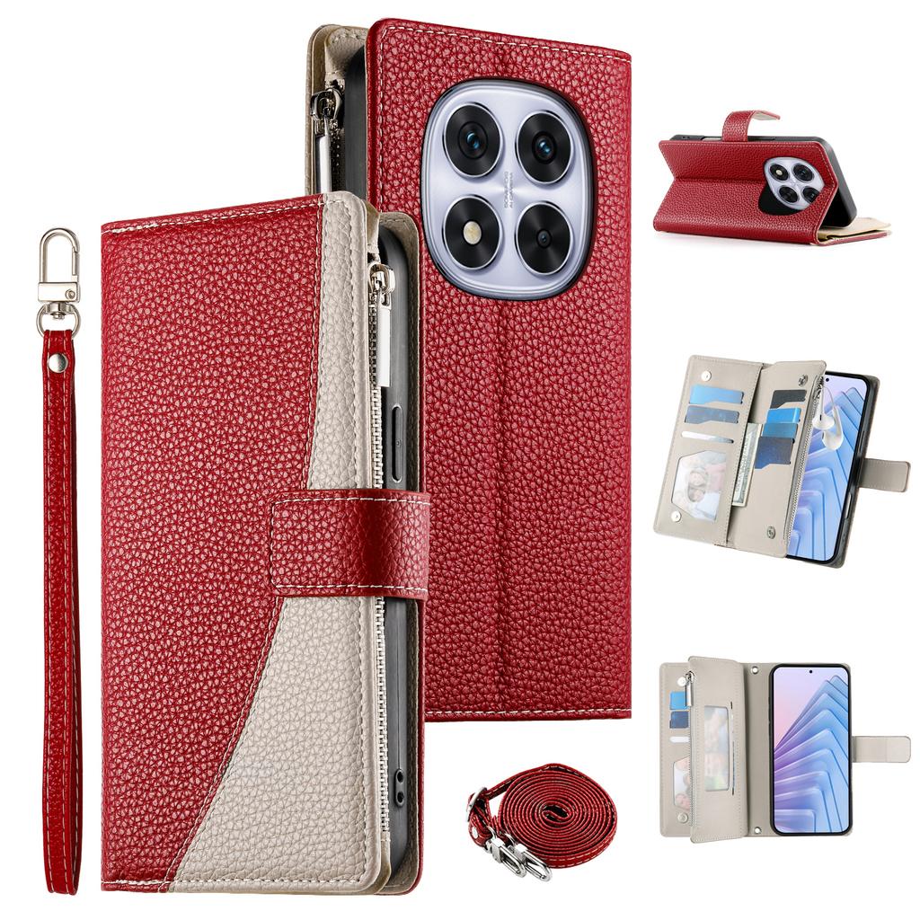 For Xiaomi Redmi Note 14 Pro 5G Case Zipper Wallet Color Splicing Leather Flip Phone Cover with Straps