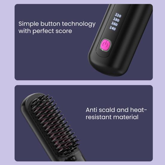 Cordless Hair Straightener Brush with 3 Temperature Settings Portable Mini Hair Straightening Comb Rechargeable Fast