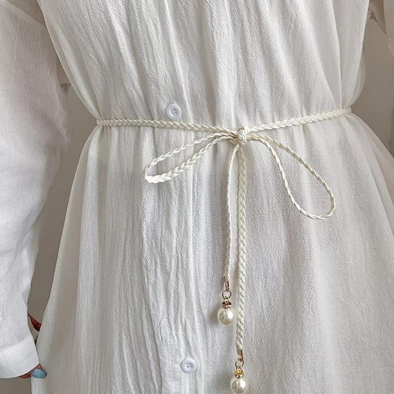 

Элегантные плетеные кожаные ремни с жемчугом для женщин, женский длинный пеньковый веревочный тонкий пояс с узлом, богемный летний дорожный декор, пояс белый