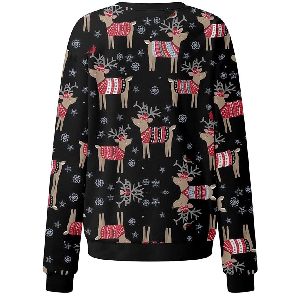 Fashion Women Christmas Print Party Round Neck Long Sleeve Socket Head Tops