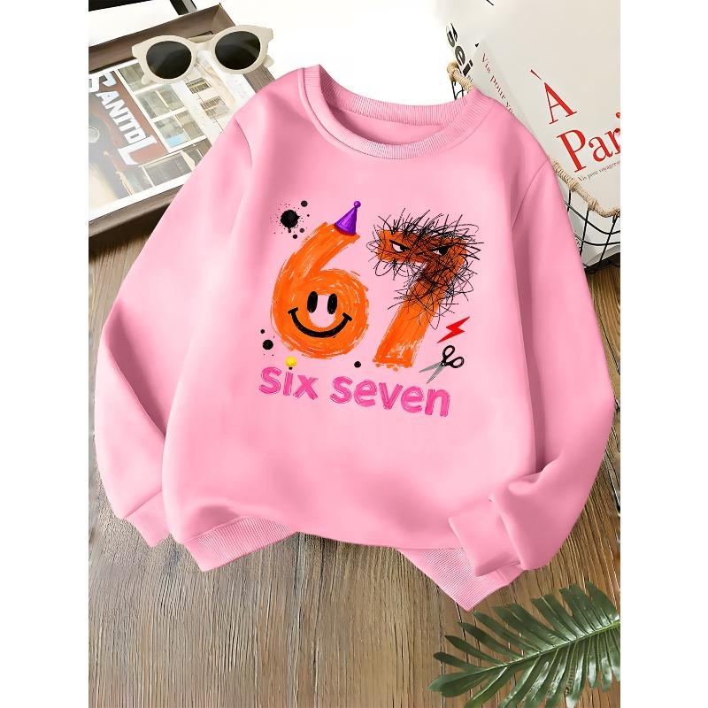 Kids Unisex Crewneck Sweatshirt, Graffiti Style Number 67 Six Seven Smiley Scrawl Print Soft Fleece Pullover For Kids Over 4 Years Old
